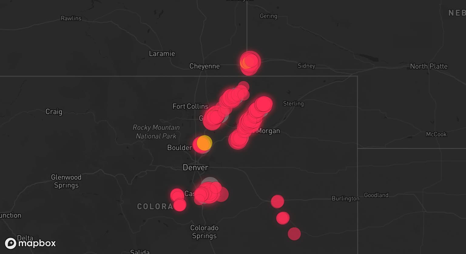 Storm map for 9 areas across Colorado and Nebraska