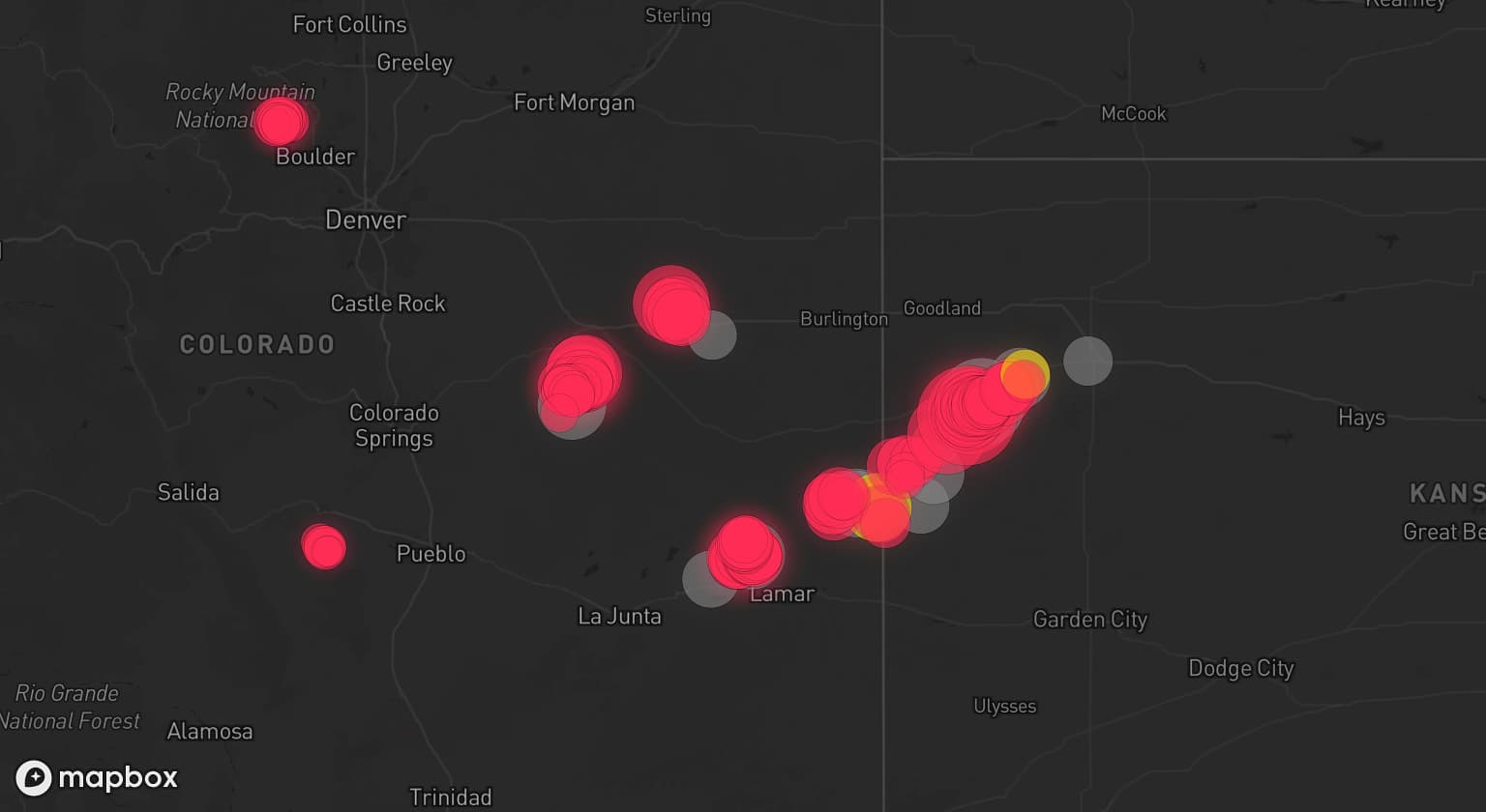 Storm map for 10 areas across Kansas and Colorado