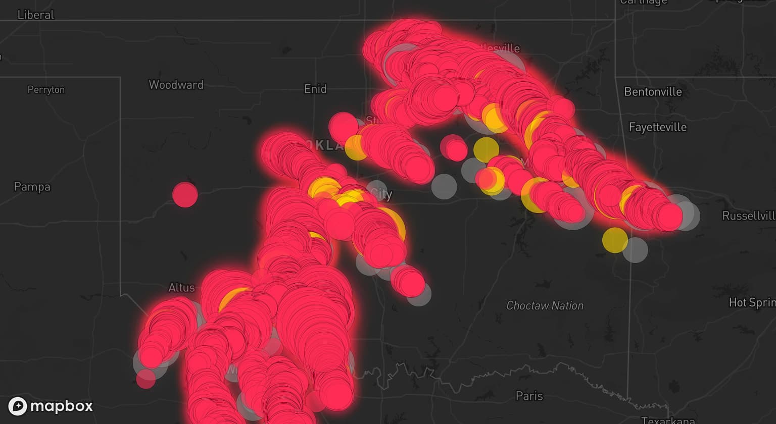 Storm map for 67 areas across Oklahoma, Arkansas, and Texas