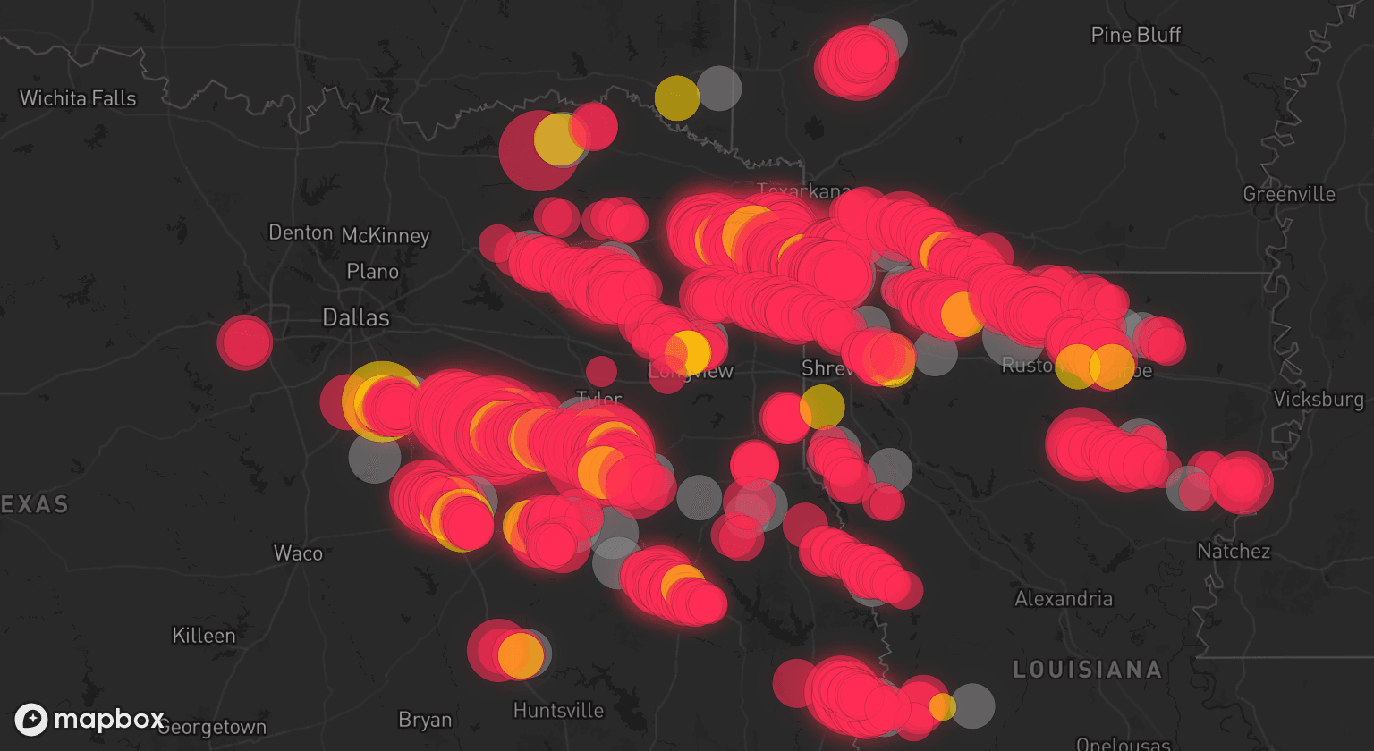Storm map for 39 areas across Texas, Louisiana, Arkansas, and Oklahoma