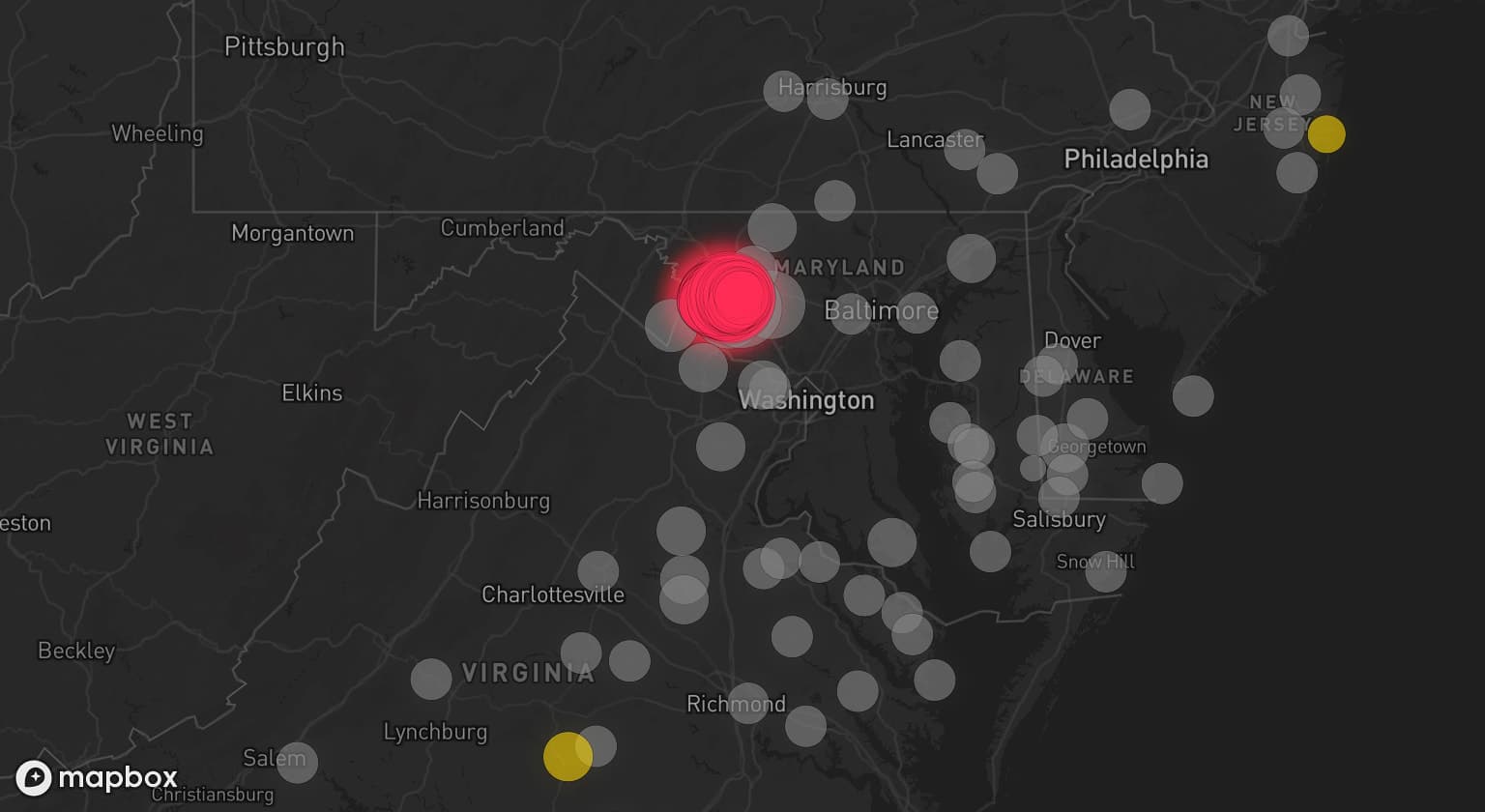 Storm map for 75 areas across Maryland, West Virginia, North Carolina, Virginia, Delaware, Pennsylvania, and New Jersey