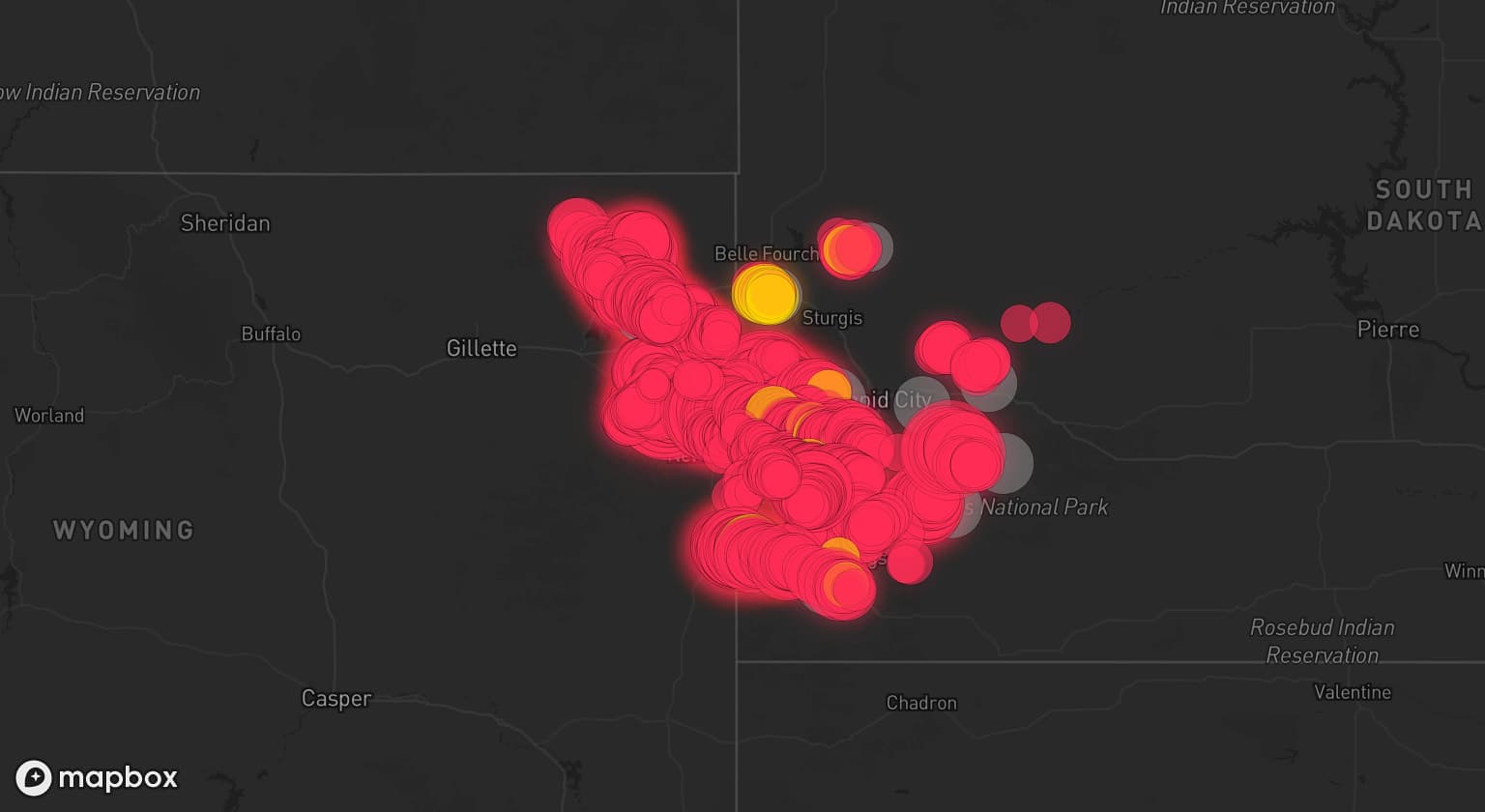 Storm map for 15 areas across Wyoming and South Dakota