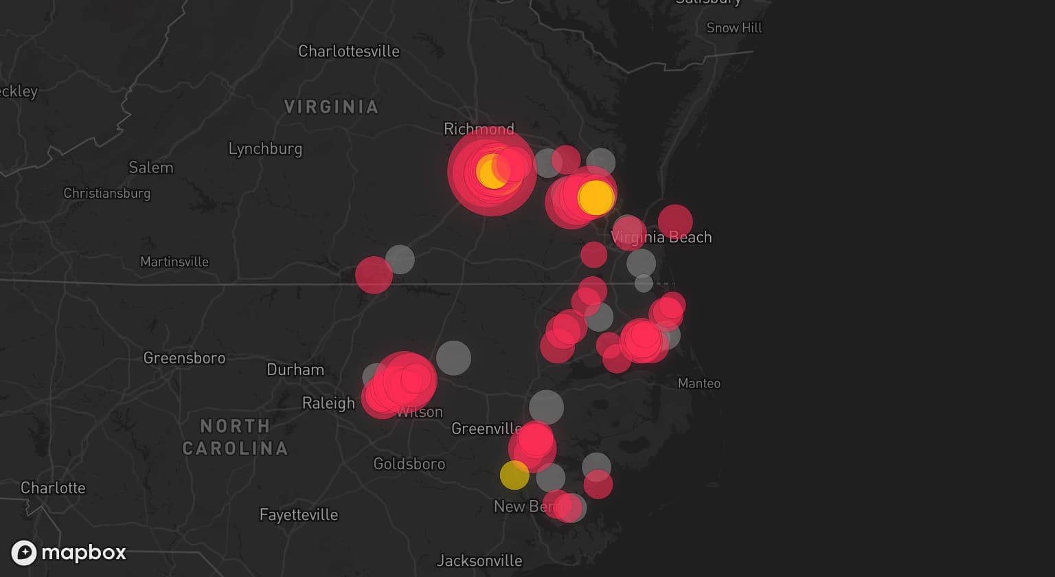 Storm map for 17 areas across Virginia and North Carolina
