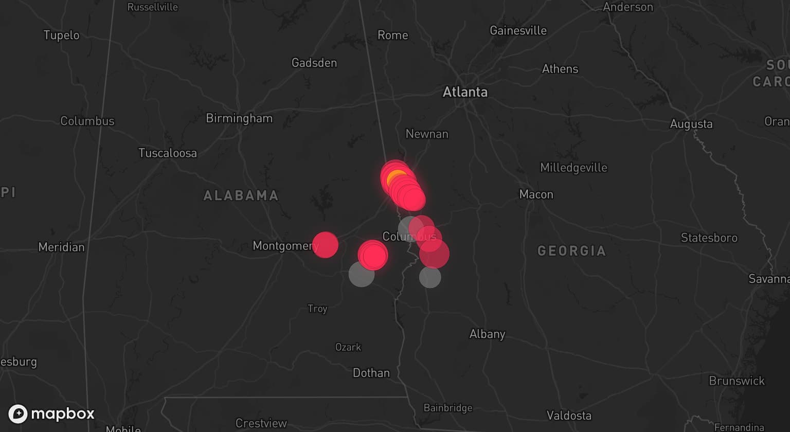 Storm map for 3 areas across Alabama and Georgia