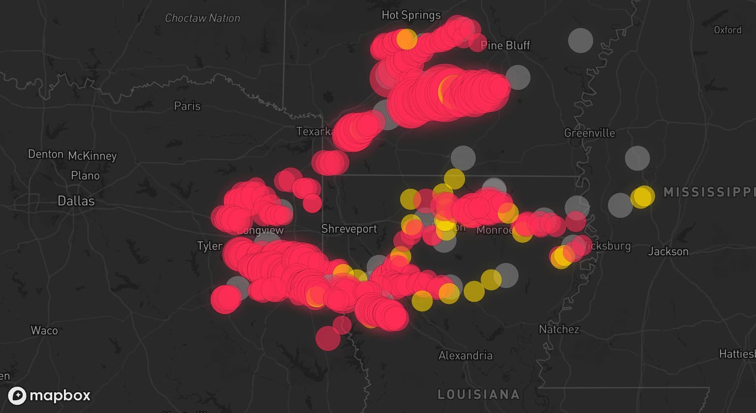 Storm map for 32 areas across Texas, Louisiana, Arkansas, and Mississippi