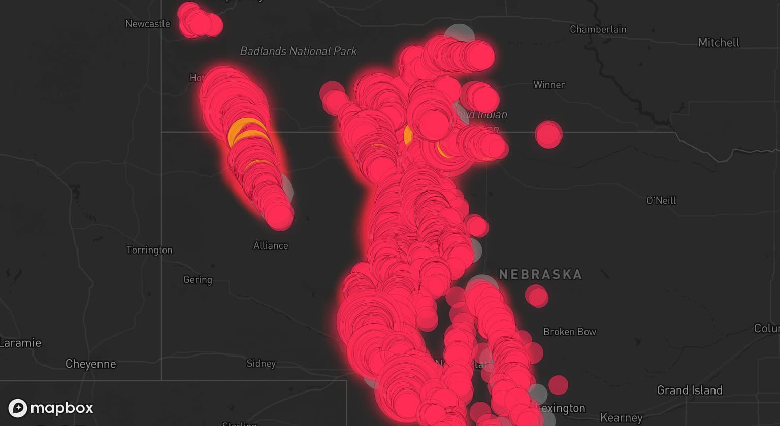Storm map for 29 areas across Nebraska and South Dakota