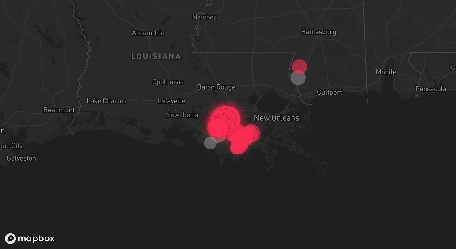 Storm map for 5 areas across Louisiana and Mississippi