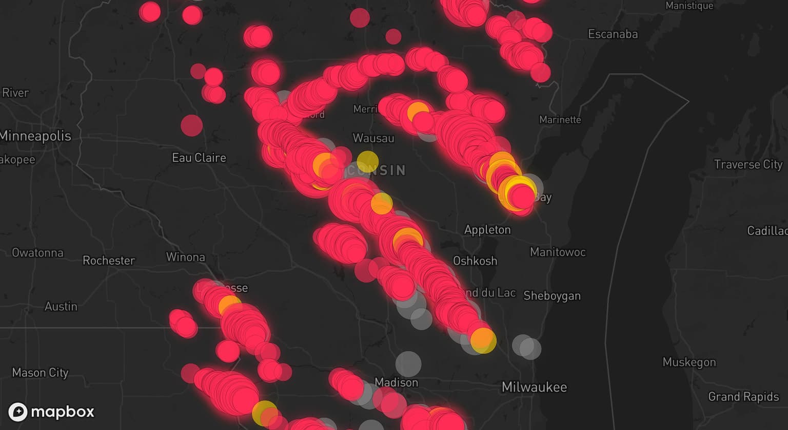 Storm map for 69 areas across Illinois, Wisconsin, Michigan, Indiana, and Minnesota