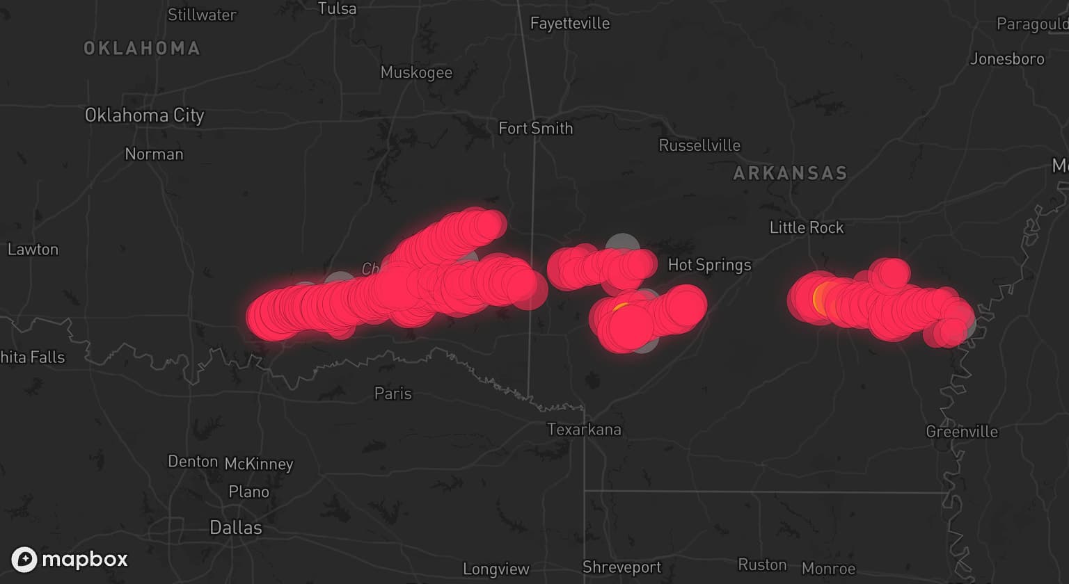 Storm map for 11 areas across Arkansas and Oklahoma