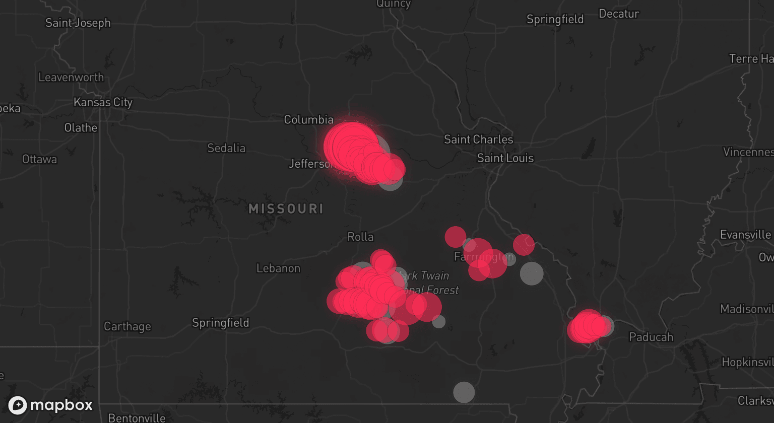 Storm map for 13 areas across Missouri and Illinois