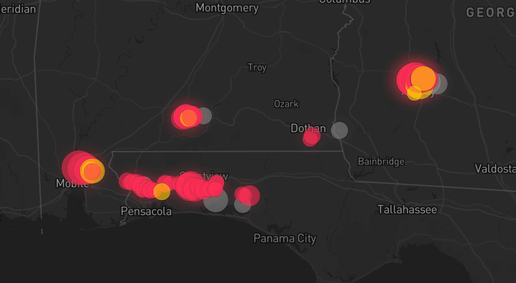 Storm map for 8 areas across Florida, Georgia, and Alabama
