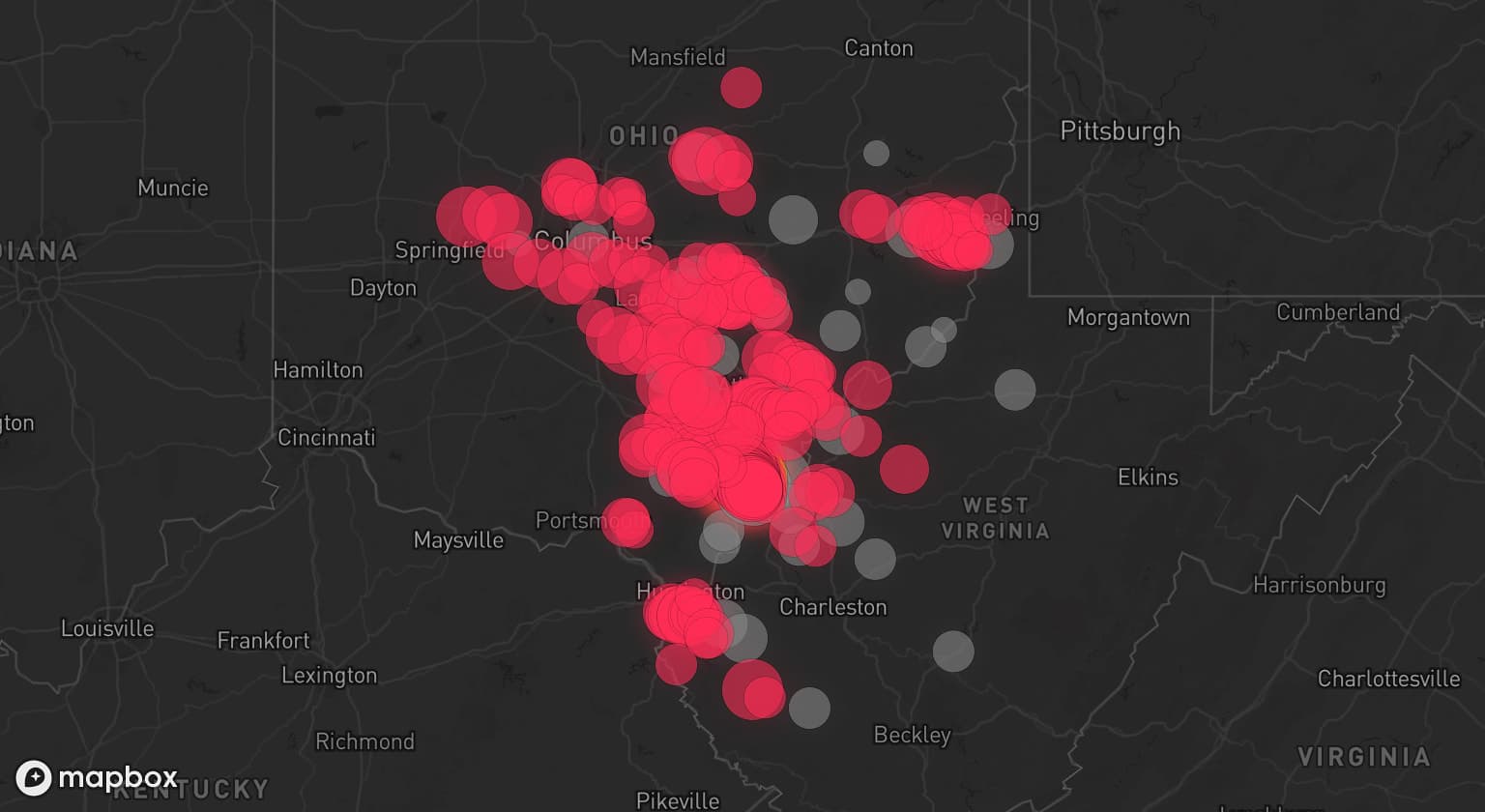 Storm map for 34 areas across West Virginia and Ohio