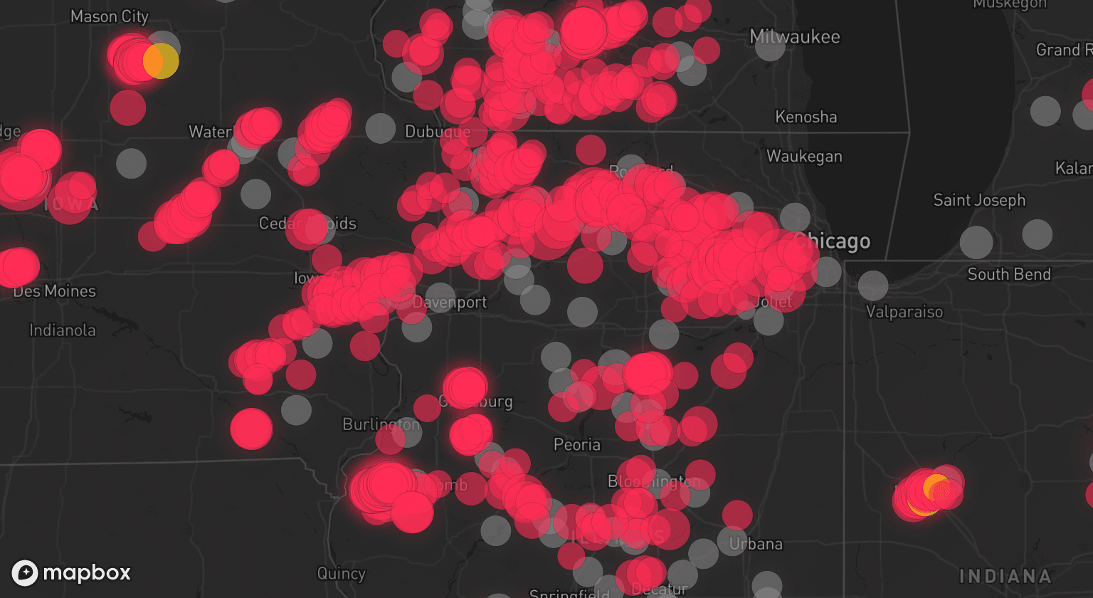 Storm map for 110 areas across Missouri, Illinois, Michigan, Iowa, Indiana, and Wisconsin