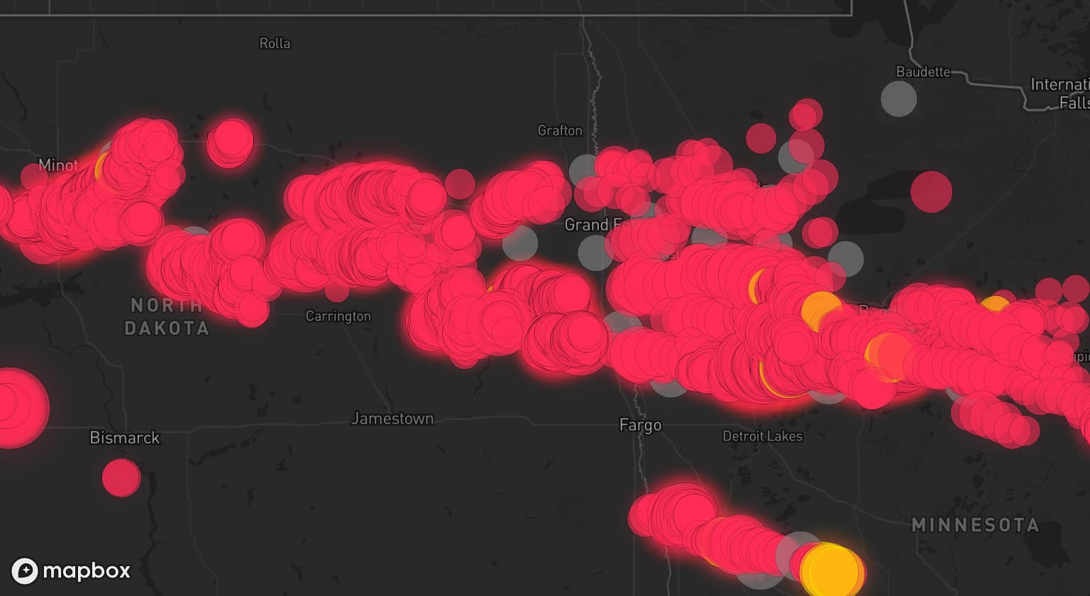 Storm map for 33 areas across North Dakota and Minnesota
