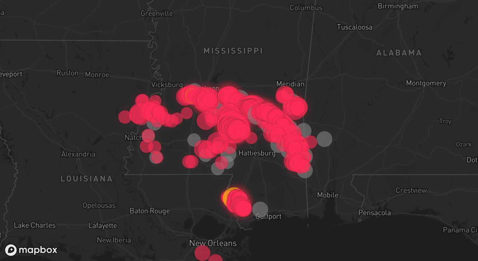 Storm map for 24 areas across Mississippi and Alabama