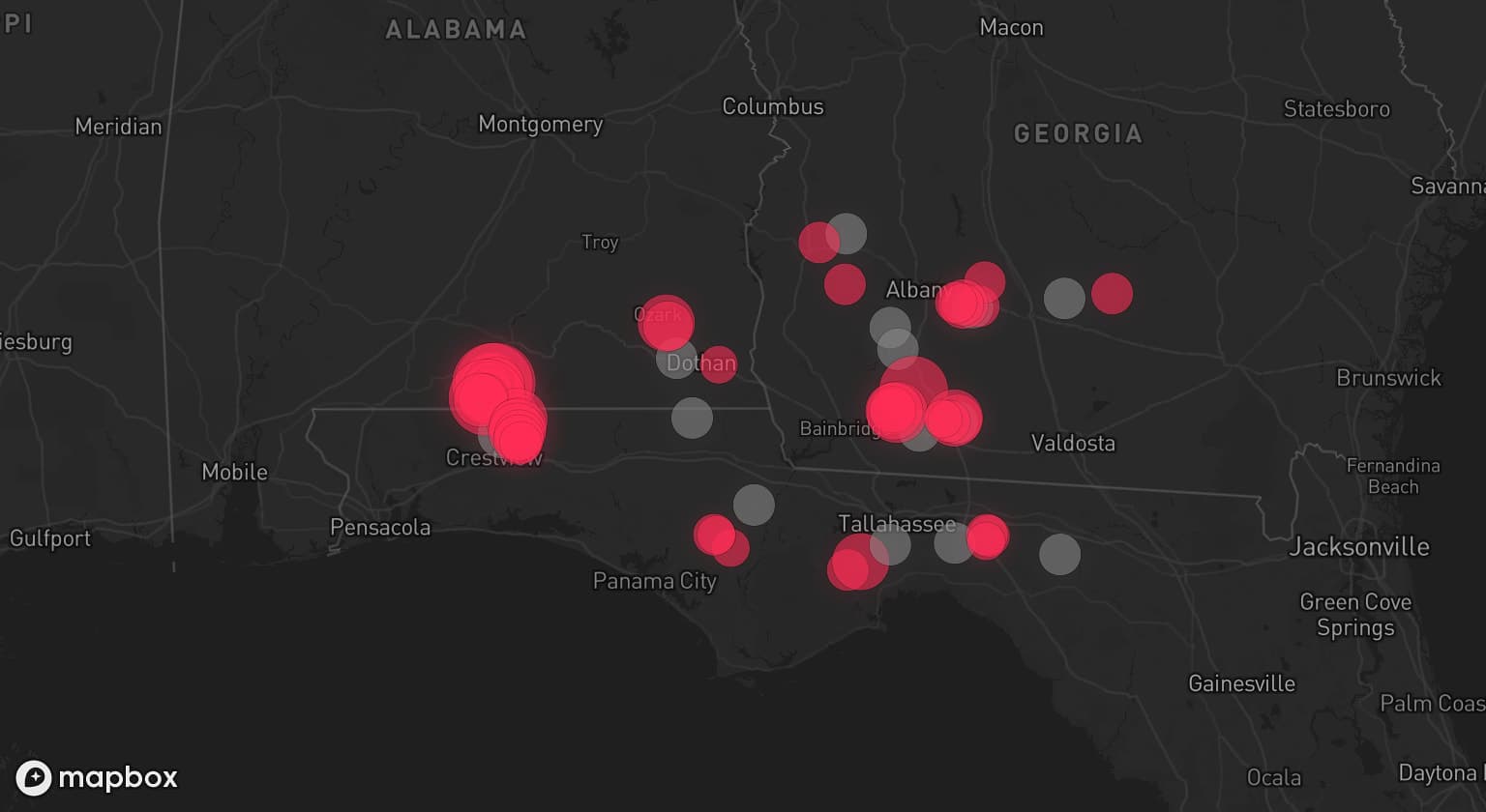 Storm map for 15 areas across Alabama, Florida, and Georgia