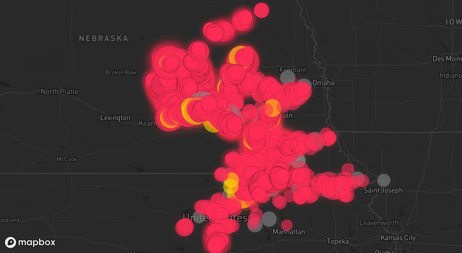 Storm map for 55 areas across Nebraska, Kansas, and Missouri