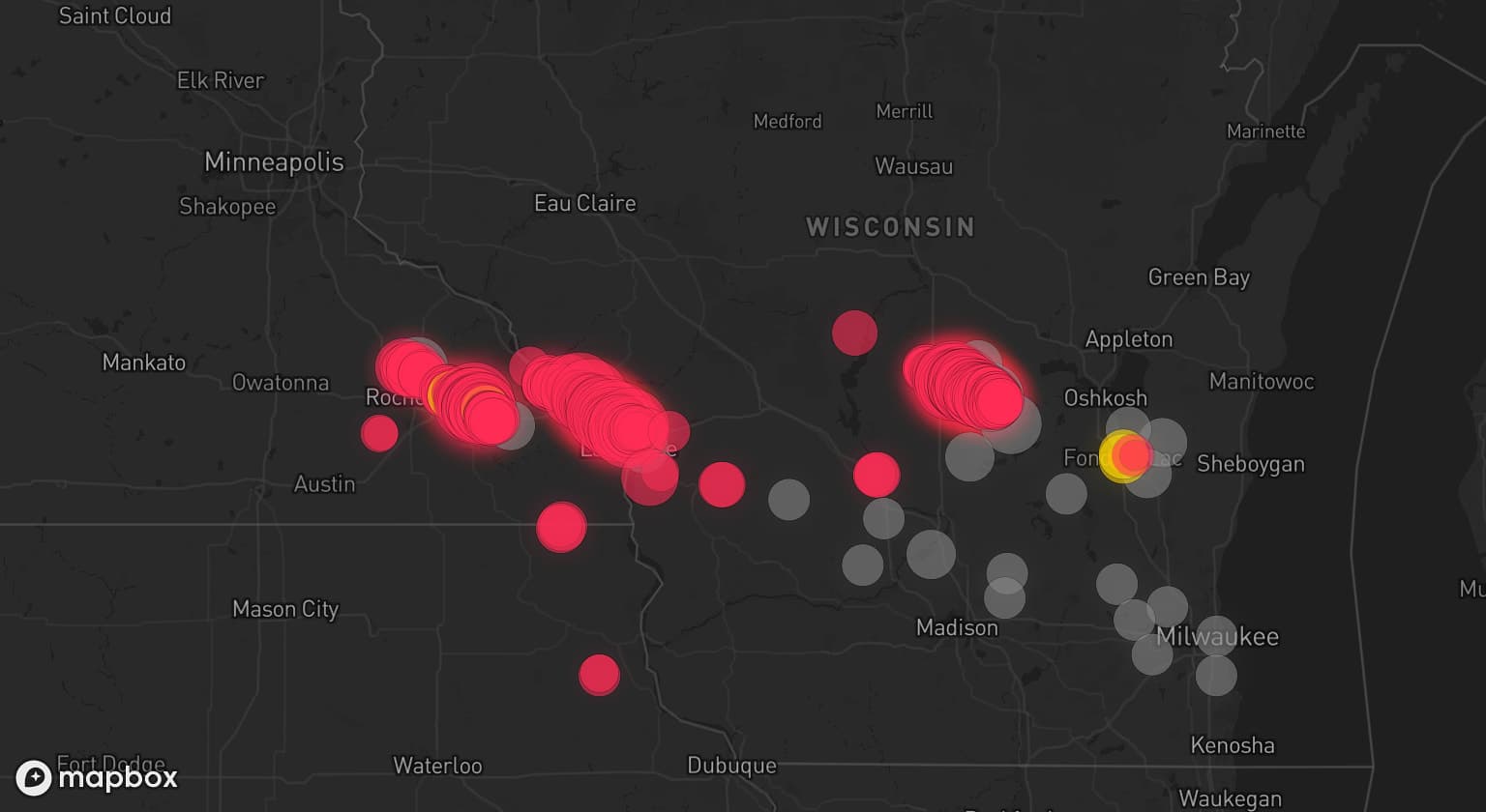 Storm map for 24 areas across Wisconsin and Minnesota