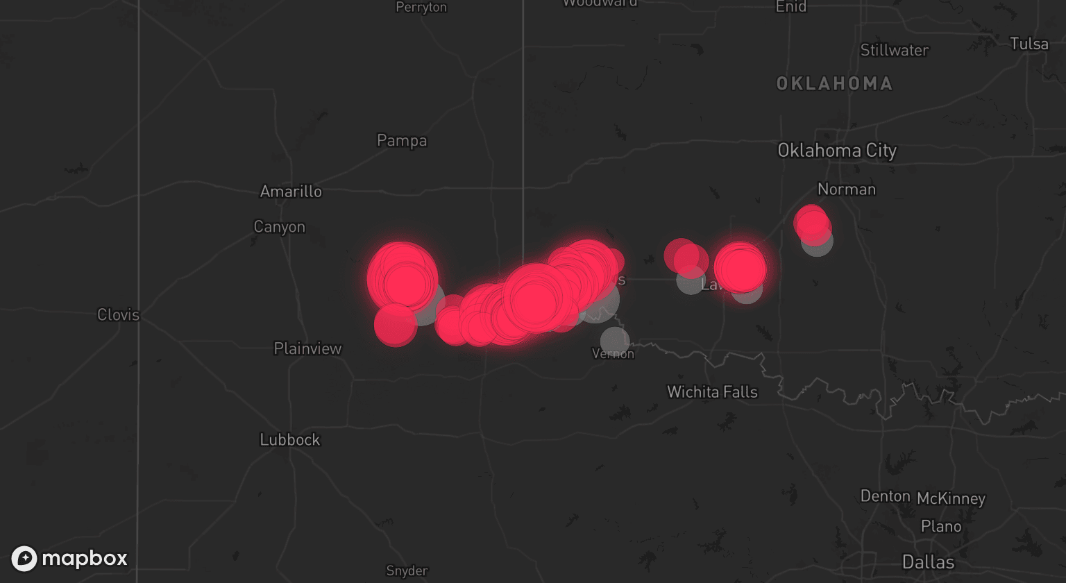 Storm map for 11 areas across Texas and Oklahoma