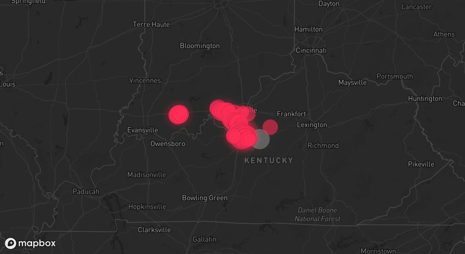 Storm map for 3 areas across Kentucky and Indiana