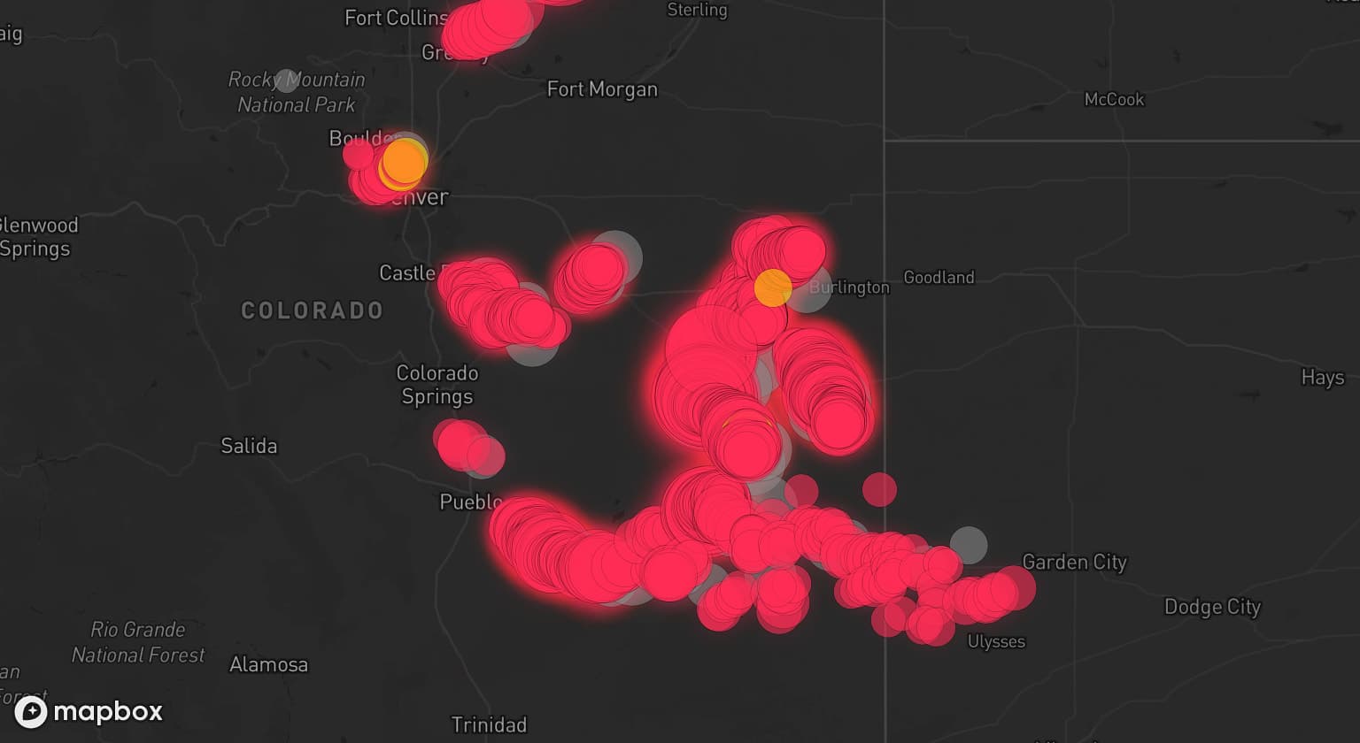 Storm map for 28 areas across Colorado, Nebraska, and Kansas