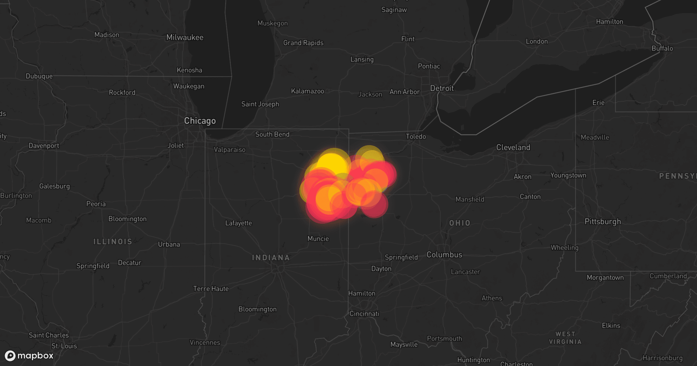 Storm map for 15 areas across Ohio and Indiana
