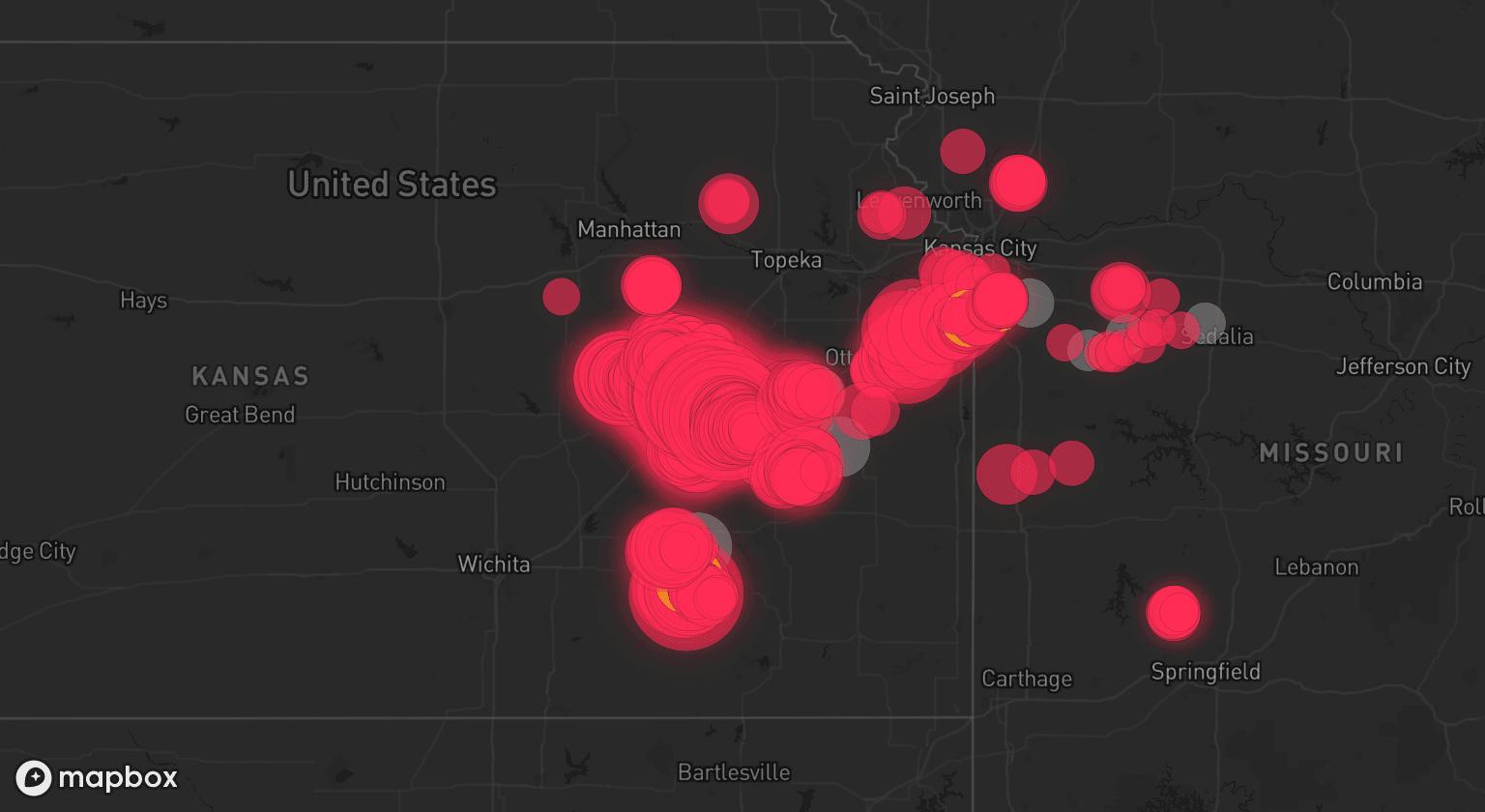 Storm map for 11 areas across Kansas and Missouri