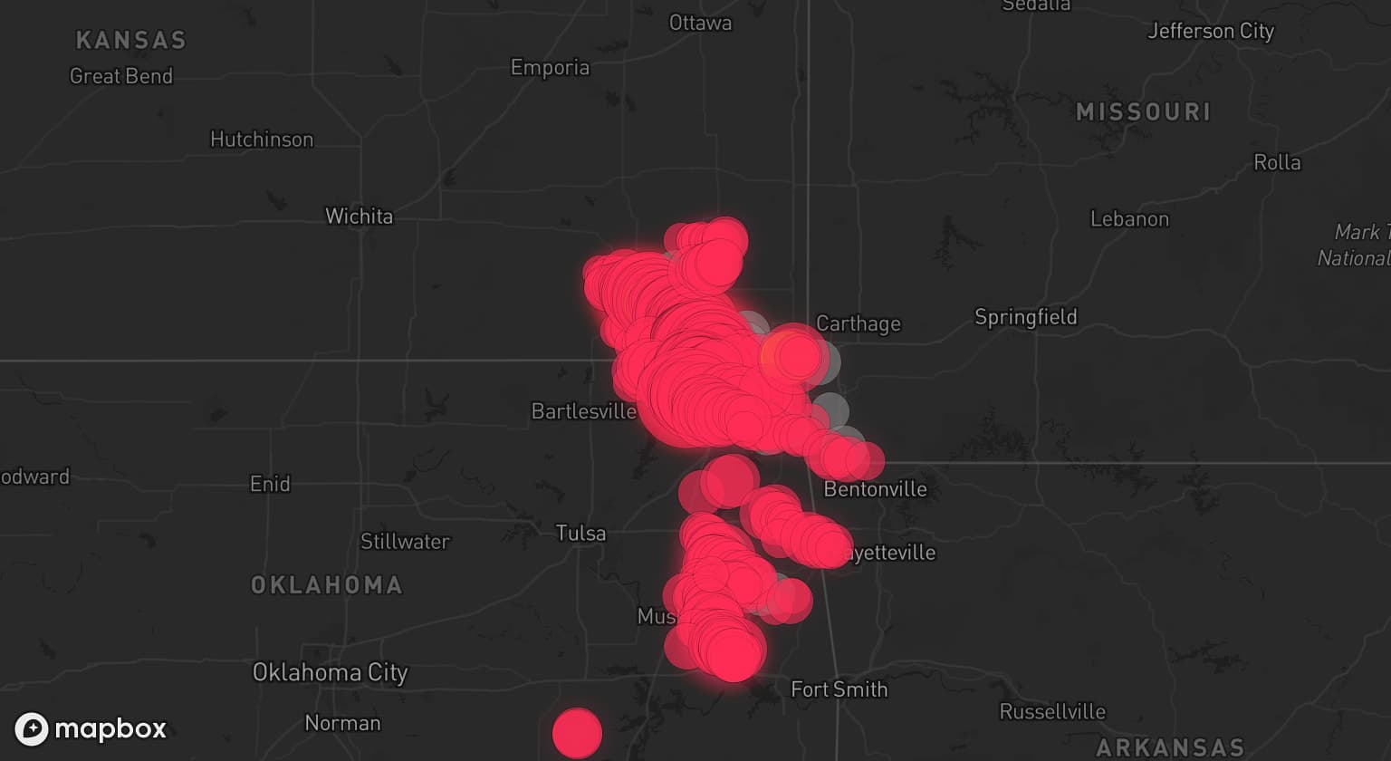 Storm map for 17 areas across Oklahoma, Kansas, and Missouri