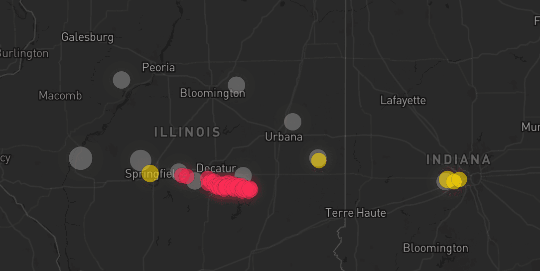 Storm map for 10 areas across Illinois and Indiana