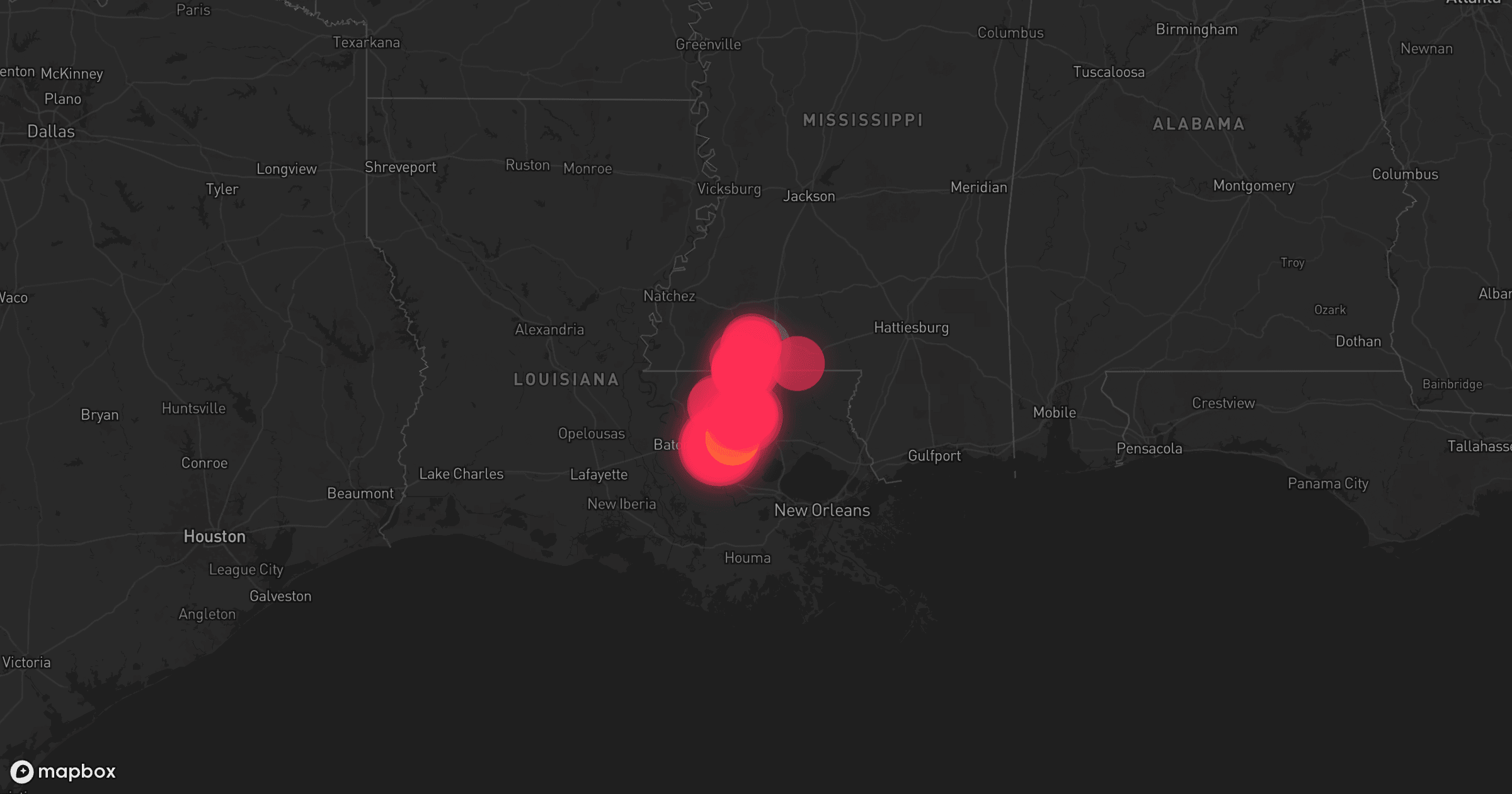 Storm map for 5 areas across Mississippi and Louisiana