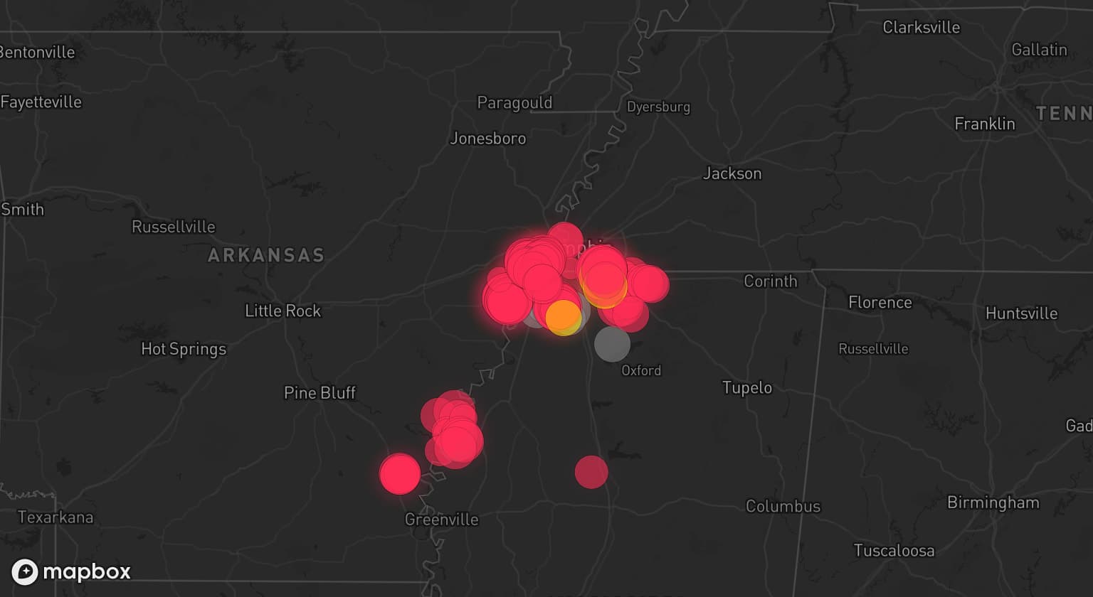 Storm map for 7 areas across Mississippi