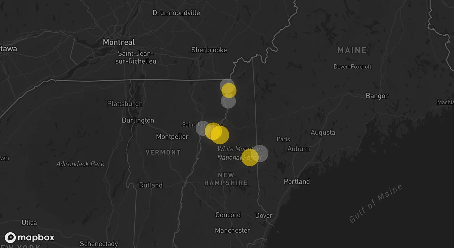 Storm map for 5 areas across Maine, Vermont, and New Hampshire