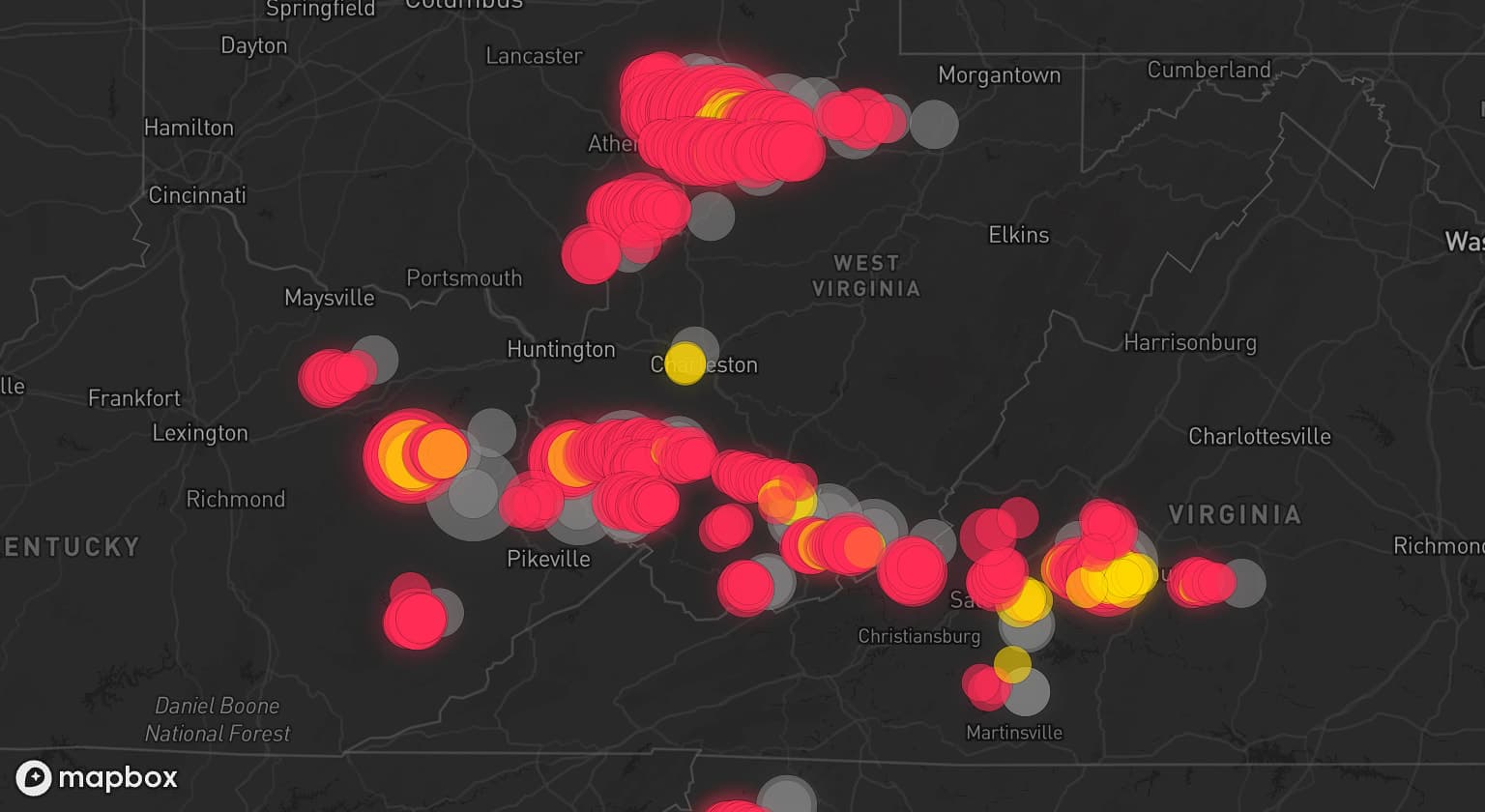 Storm map for 16 areas across Kentucky, Virginia, West Virginia, US, and North Carolina