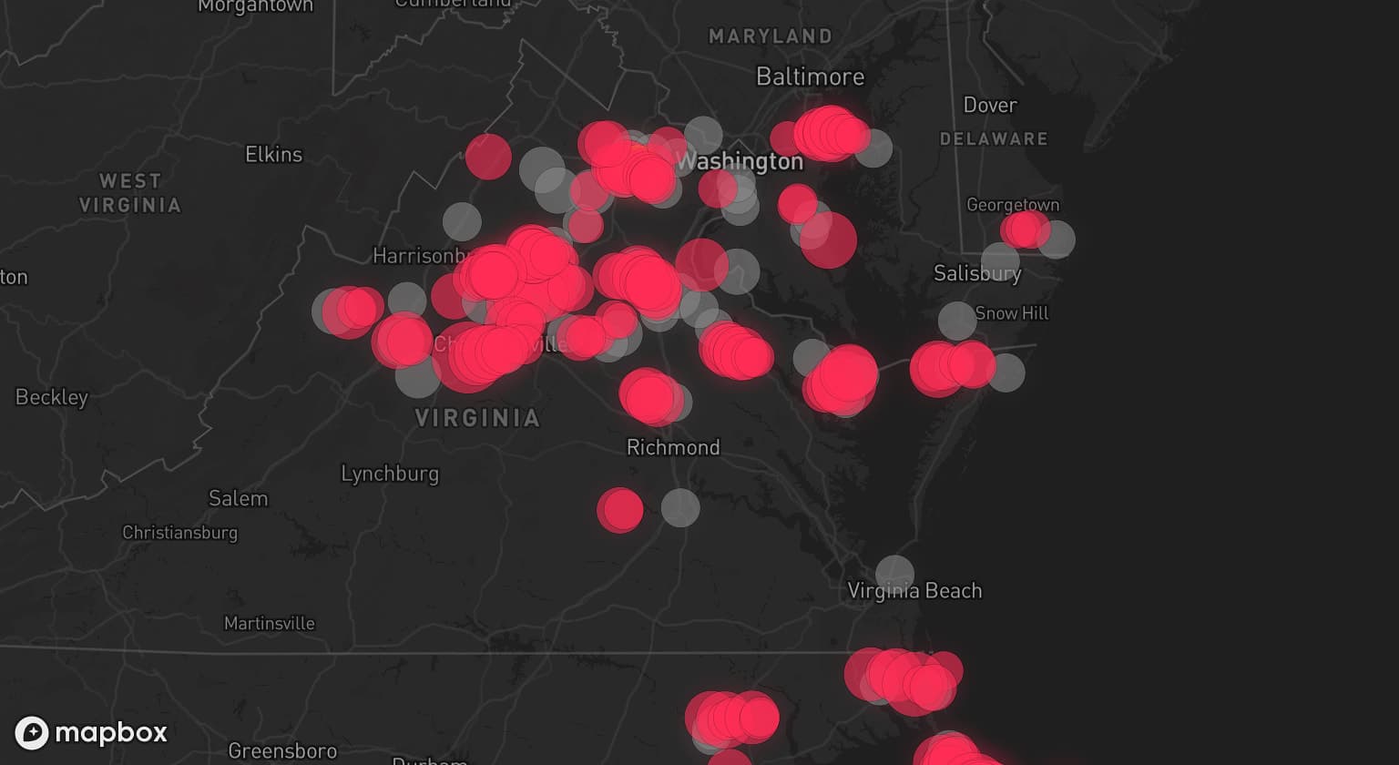Storm map for 52 areas across Virginia, North Carolina, Maryland, and Delaware