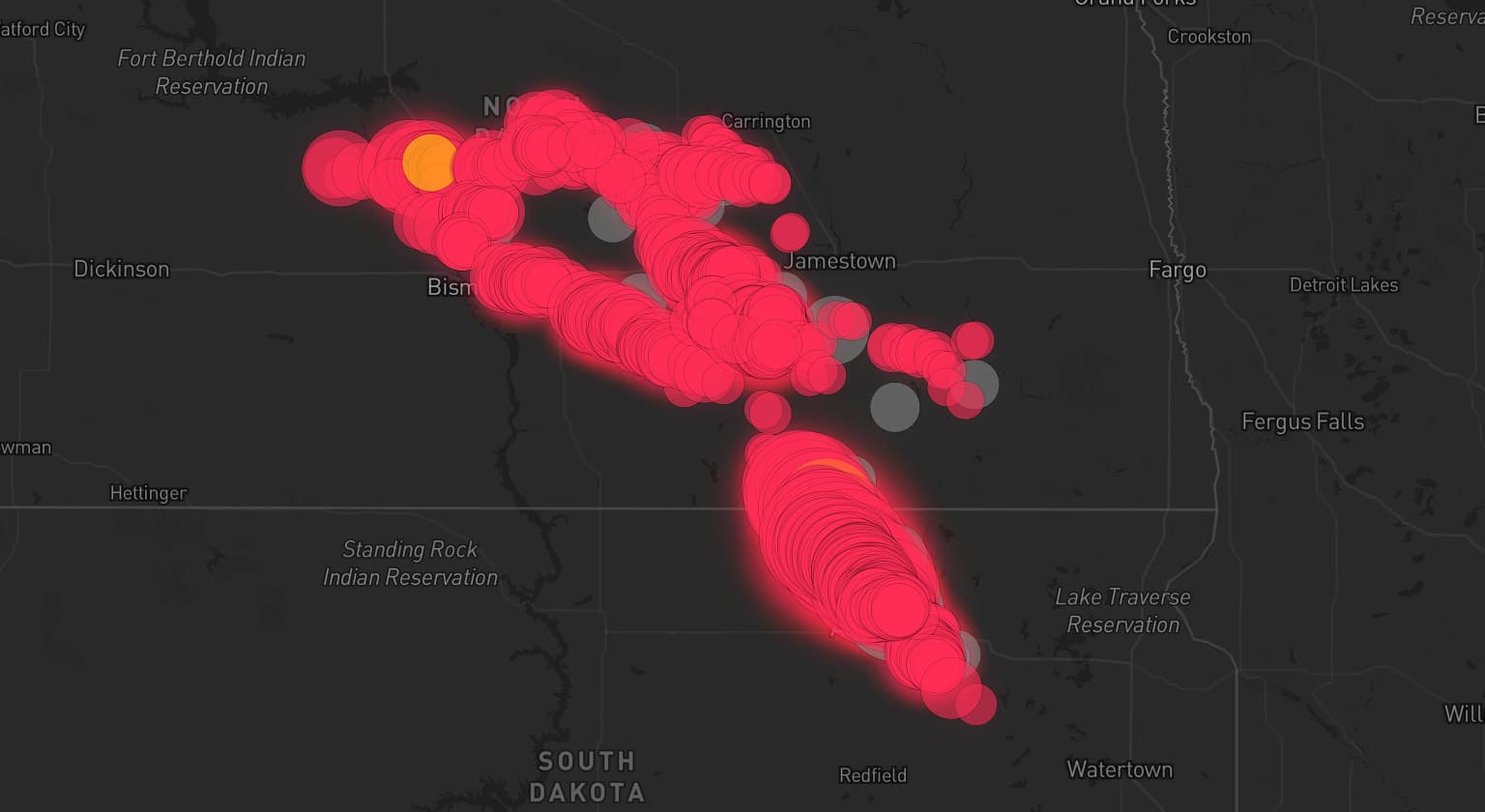 Storm map for 17 areas across South Dakota and North Dakota
