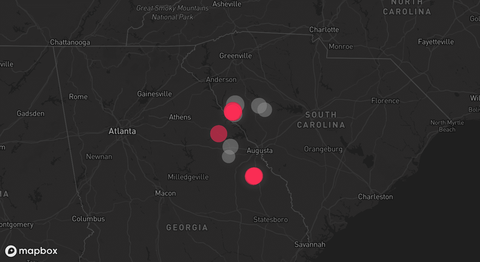 Storm map for 5 areas across South Carolina and Georgia