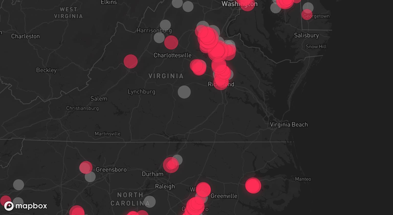 Storm map for 64 areas across South Carolina, Virginia, Maryland, New Jersey, North Carolina, Delaware, and Pennsylvania