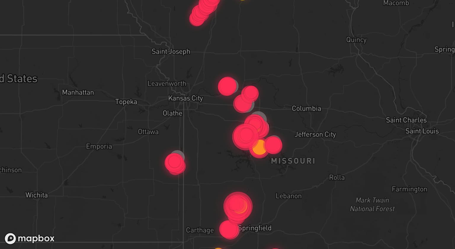 Storm map for 20 areas across Missouri, Iowa, Arkansas, and Kansas