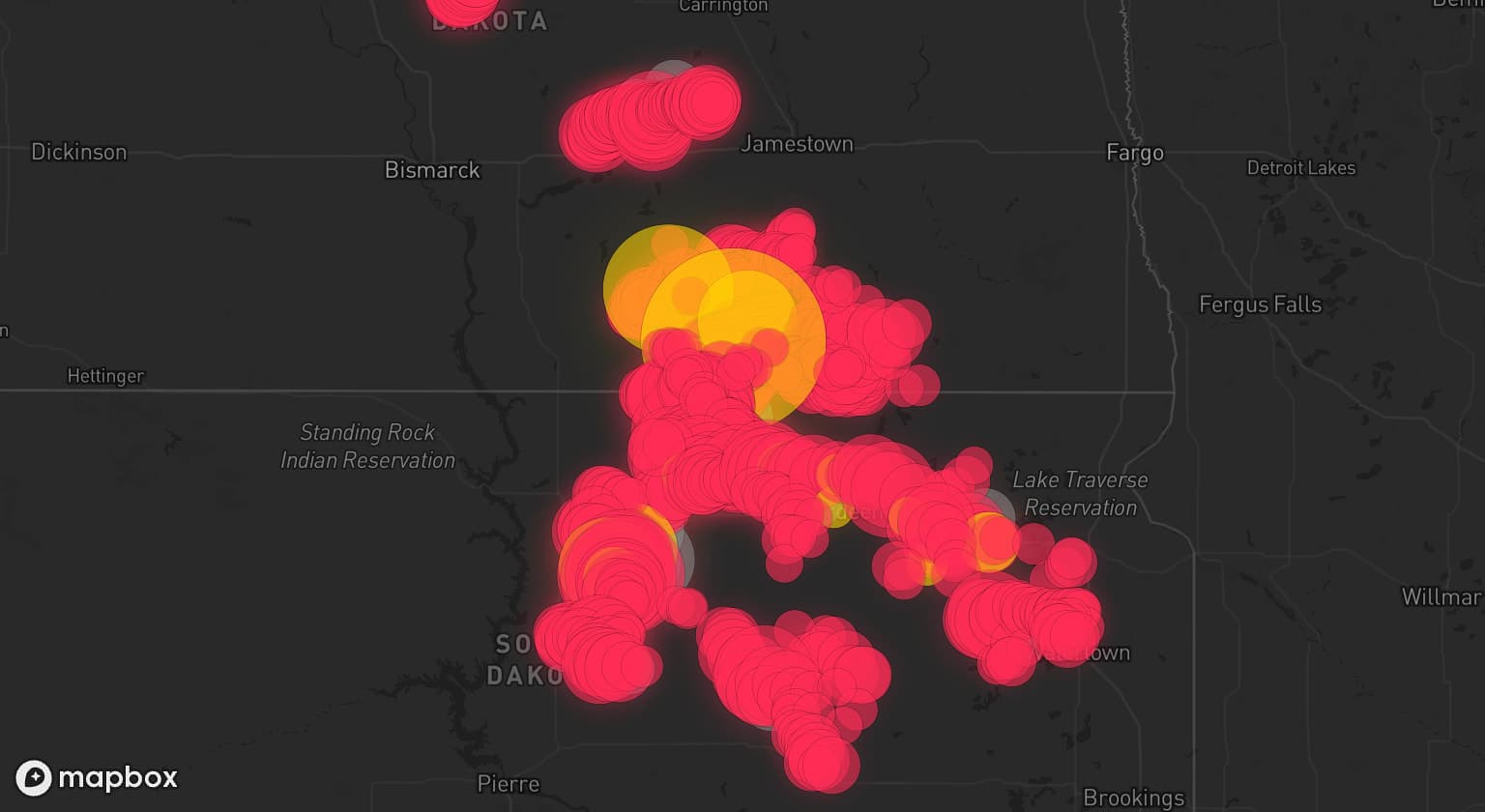 Storm map for 19 areas across South Dakota and North Dakota