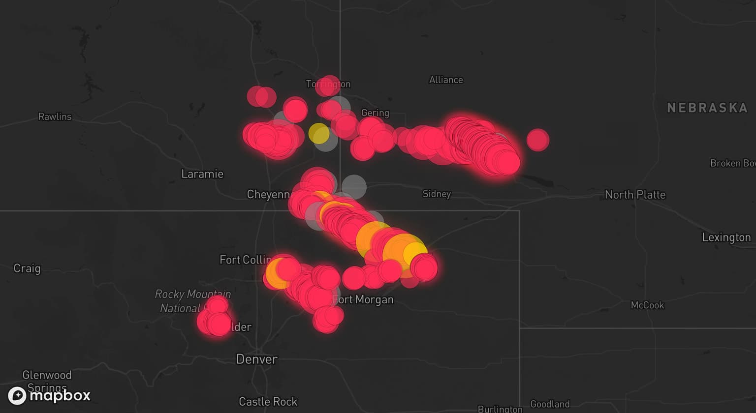 Storm map for 15 areas across Nebraska, Colorado, and Wyoming