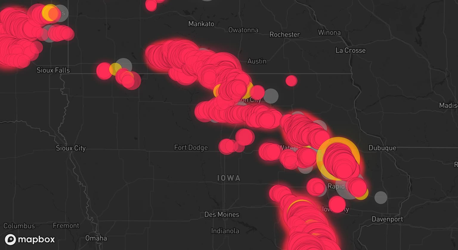 Storm map for 46 areas across Iowa, Minnesota, South Dakota, Missouri, and Illinois