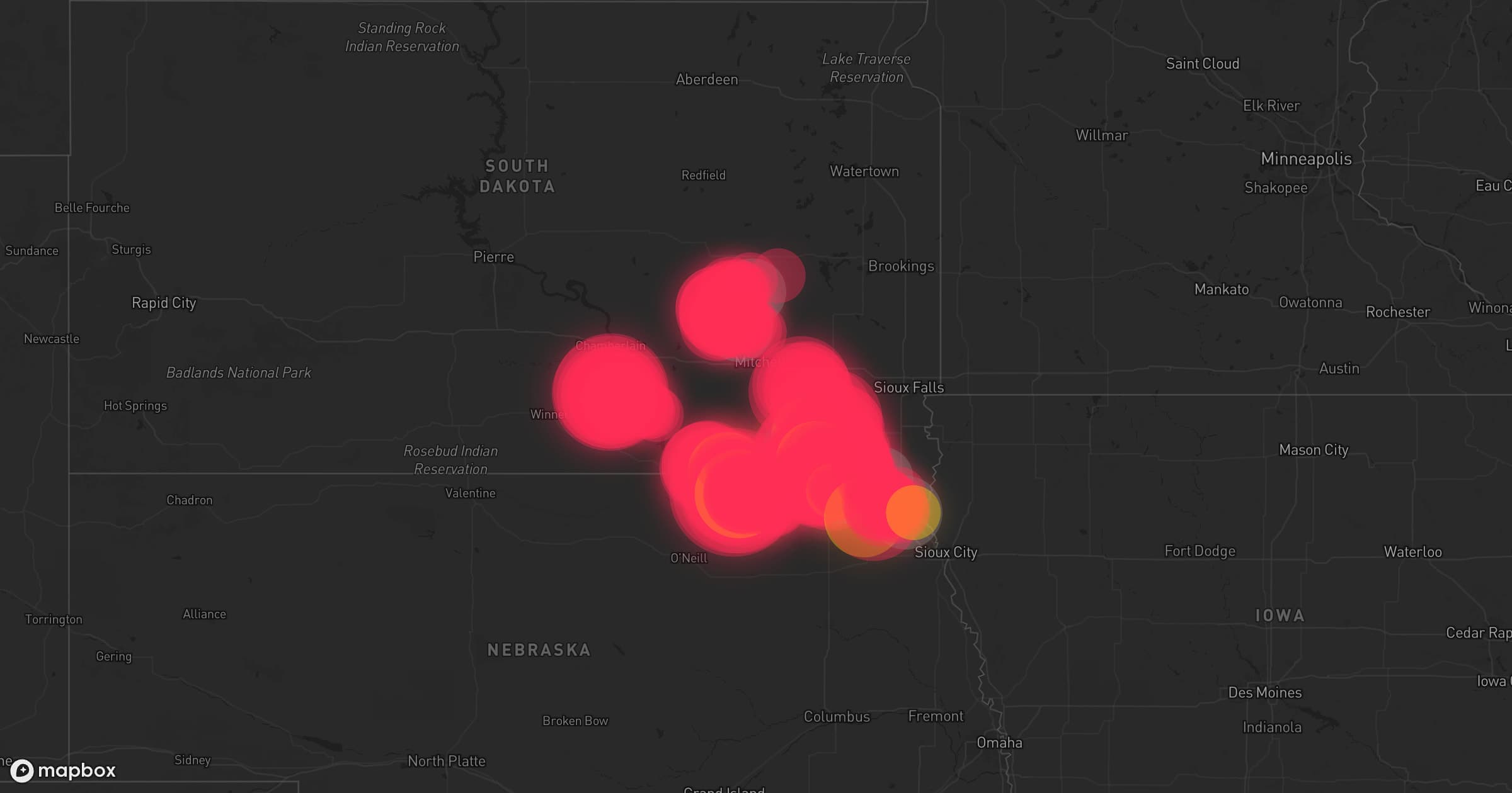Storm map for 63 areas across South Dakota, Colorado, Nebraska, and Iowa