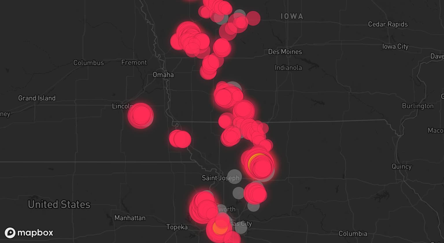 Storm map for 31 areas across Kansas, Missouri, Iowa, and Nebraska