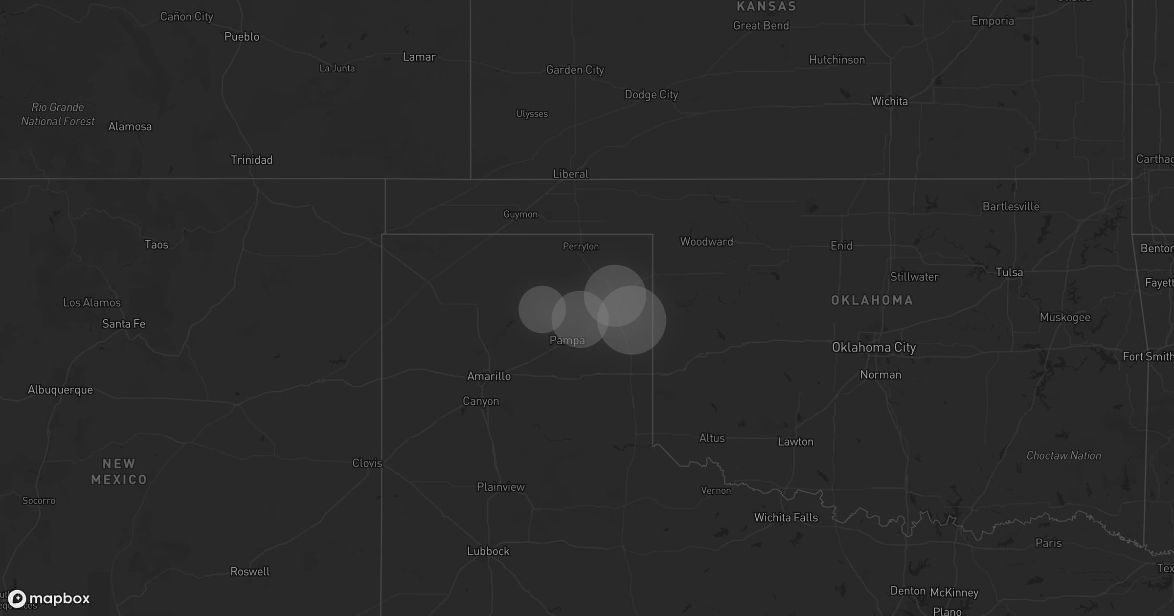 Storm map for 57 areas across Kansas, Colorado, Oklahoma, and Texas