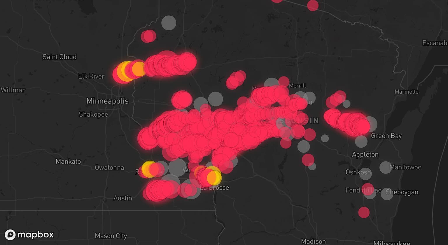 Storm map for 50 areas across Minnesota, Wisconsin, and Michigan