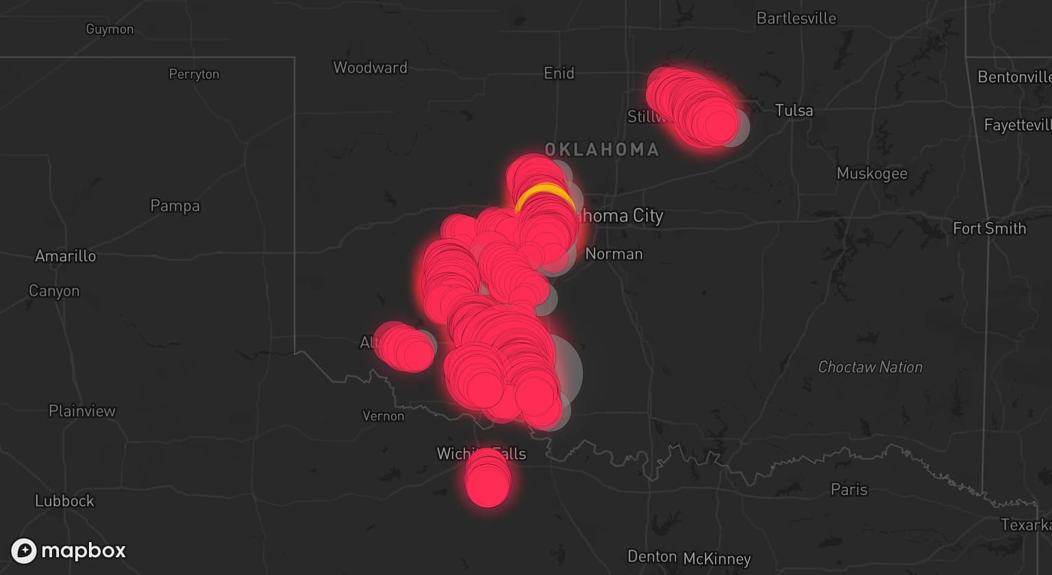 Storm map for 18 areas across Oklahoma