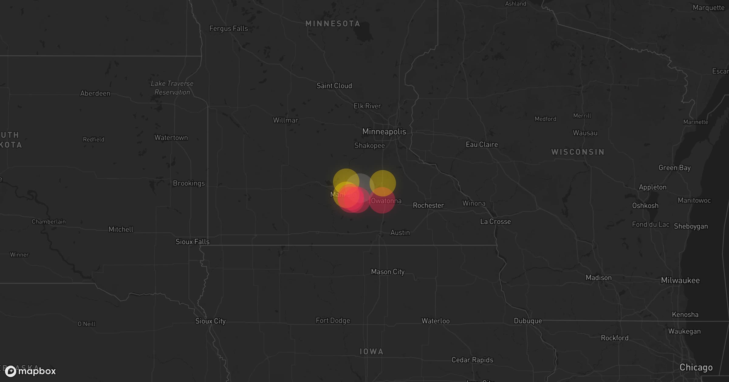 Storm map for 41 areas across Iowa, Nebraska, and Minnesota