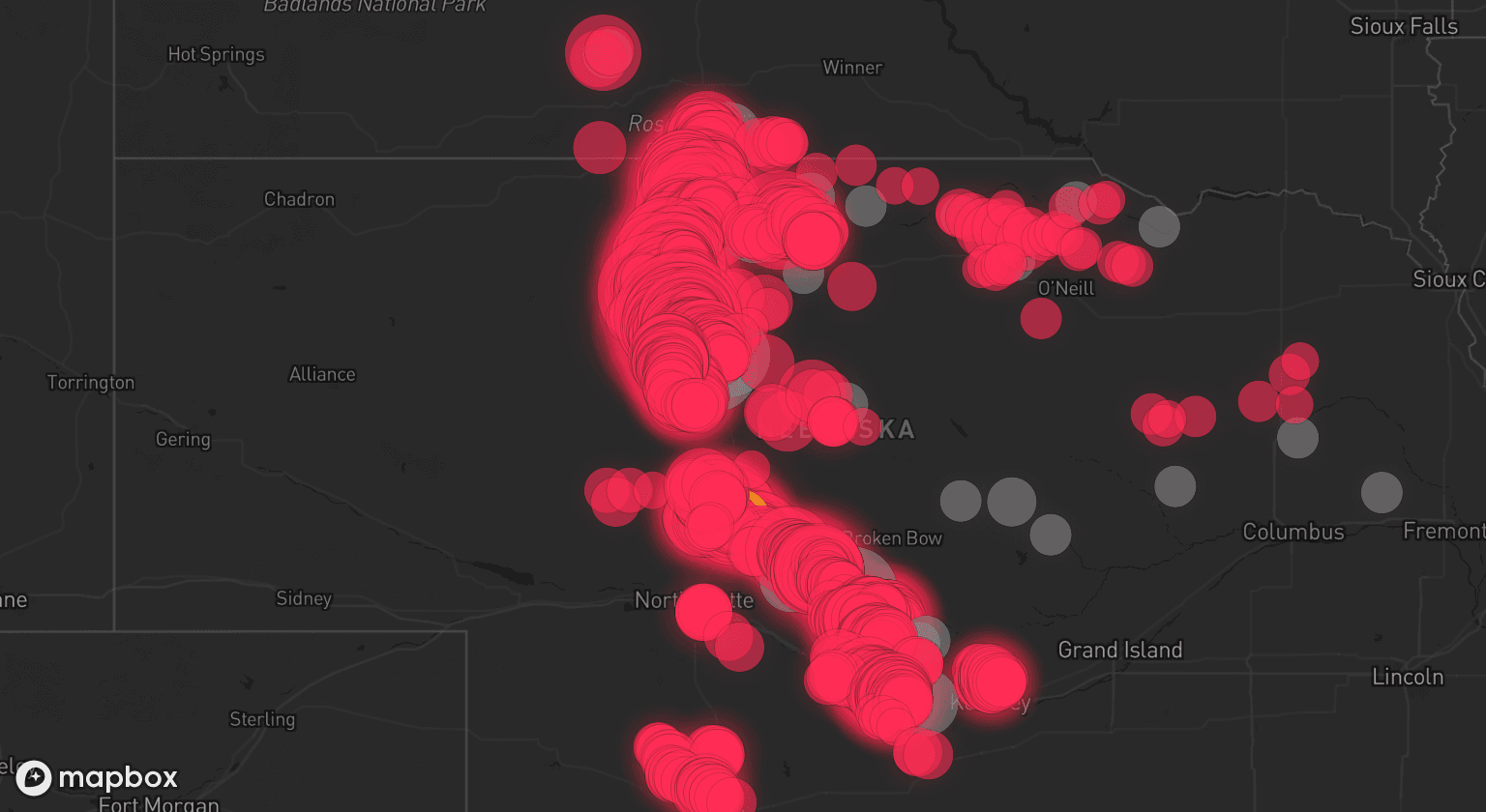 Storm map for 26 areas across Nebraska and South Dakota